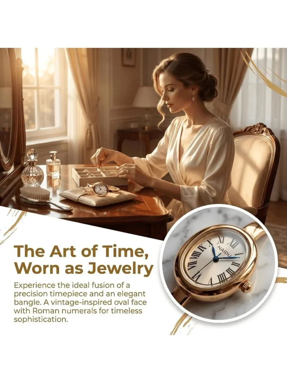 Women's Gold/Cream Elegant Open-Cuff Bracelet Roman Numeral Dial Wrist Watches